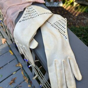 Elegant Vintage  Cream Gloves with Silver Studs Sheer Pink